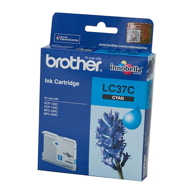 BROTHER LC37 Cyan Ink Cartridge with vibrant blue color, designed for Brother printers, showcasing its compact and sleek design.