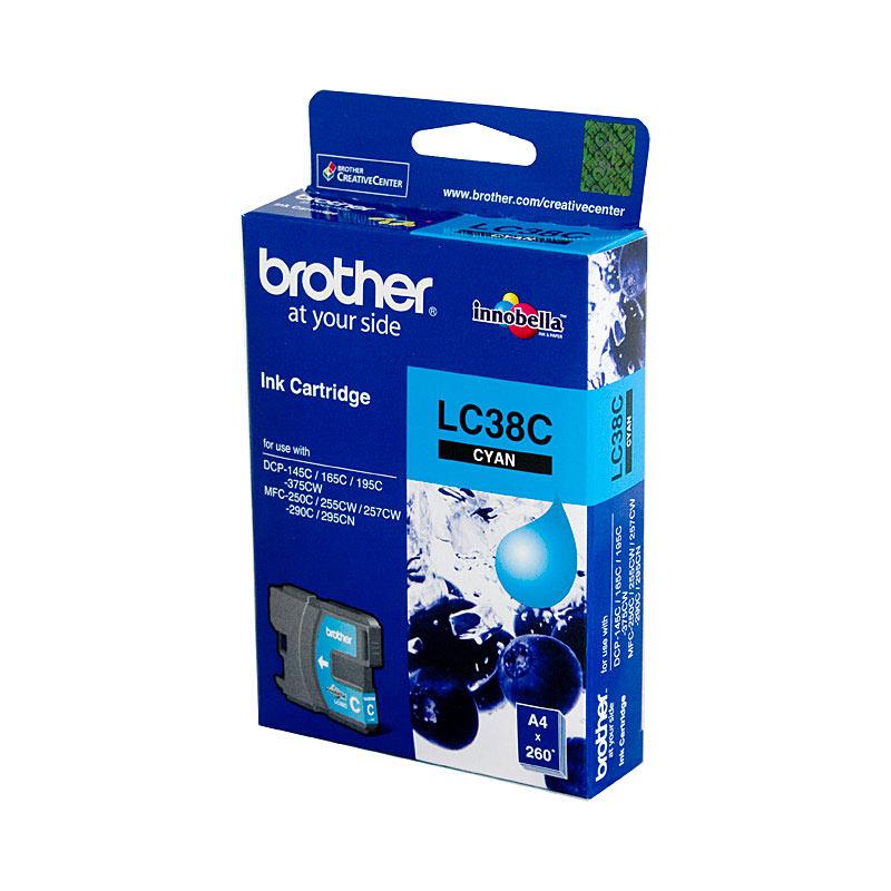 BROTHER LC38 Cyan Ink Cartridge with vibrant blue color, designed for Brother printers, yielding up to 260 pages.