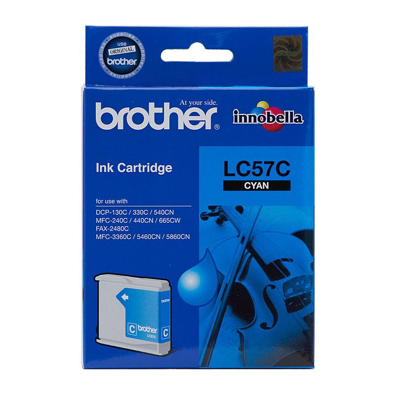 BROTHER LC57 Cyan Ink Cartridge with packaging, showcasing vibrant cyan color and branding.