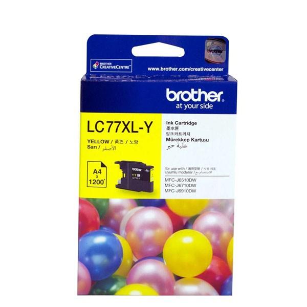 Brother LC-77XL Yellow Super High Yield Ink Cartridge with packaging, showcasing its vibrant yellow color and high yield capabilities.