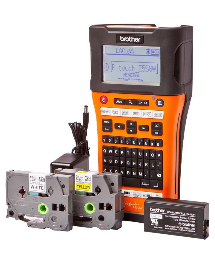 Brother P-Touch E550WVP Industrial Labeller with LCD screen and various label types.