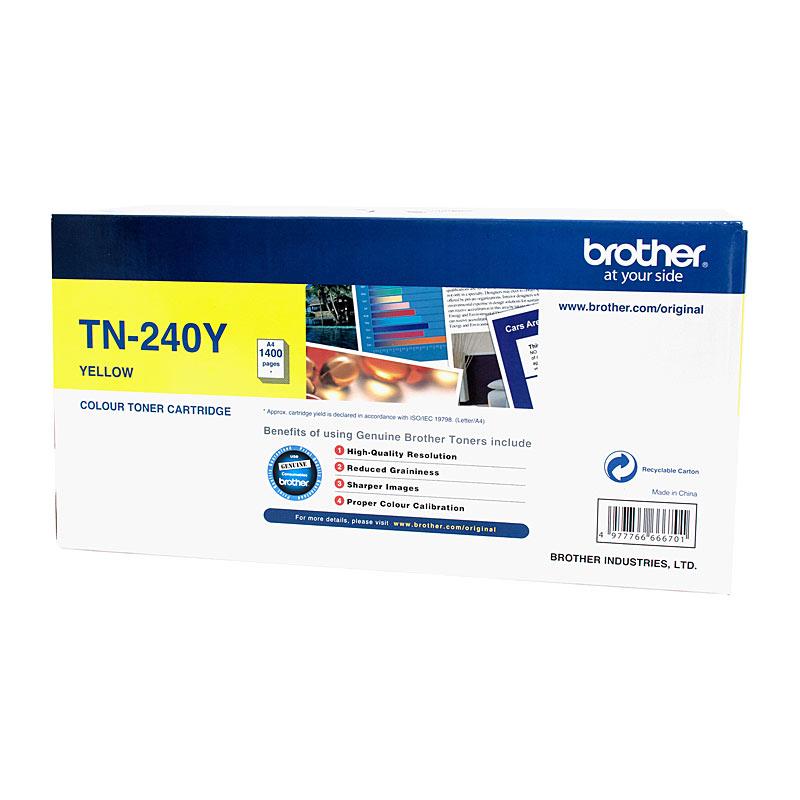 BROTHER TN240 Yellow Toner Cartridge with vibrant yellow color, designed for Brother printers, yielding 1,400 pages.