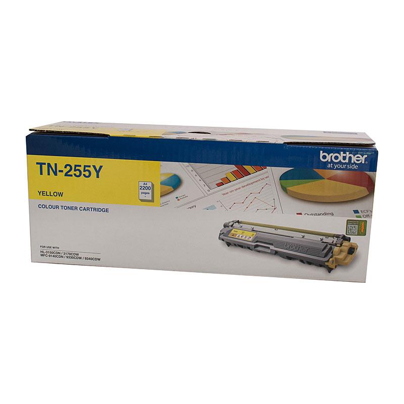 BROTHER TN255 Yellow Toner Cartridge with packaging, showcasing its vibrant yellow color and branding.