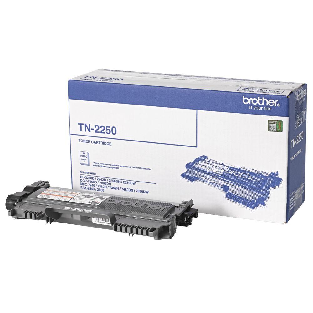 Brother TN-2250 Mono Laser Toner Cartridge, black, designed for high yield printing with compatibility for various Brother printer models.