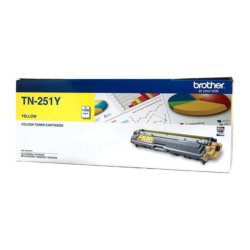 BROTHER TN251 Yellow Toner Cartridge with packaging, showcasing its vibrant yellow color and branding.