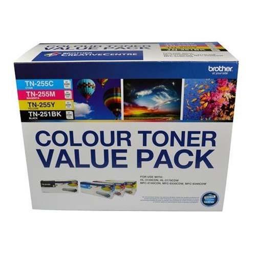 BROTHER TN-251BK and TN-255 Colour Laser Toner Value Pack including black, cyan, magenta, and yellow cartridges, ideal for vibrant printing.