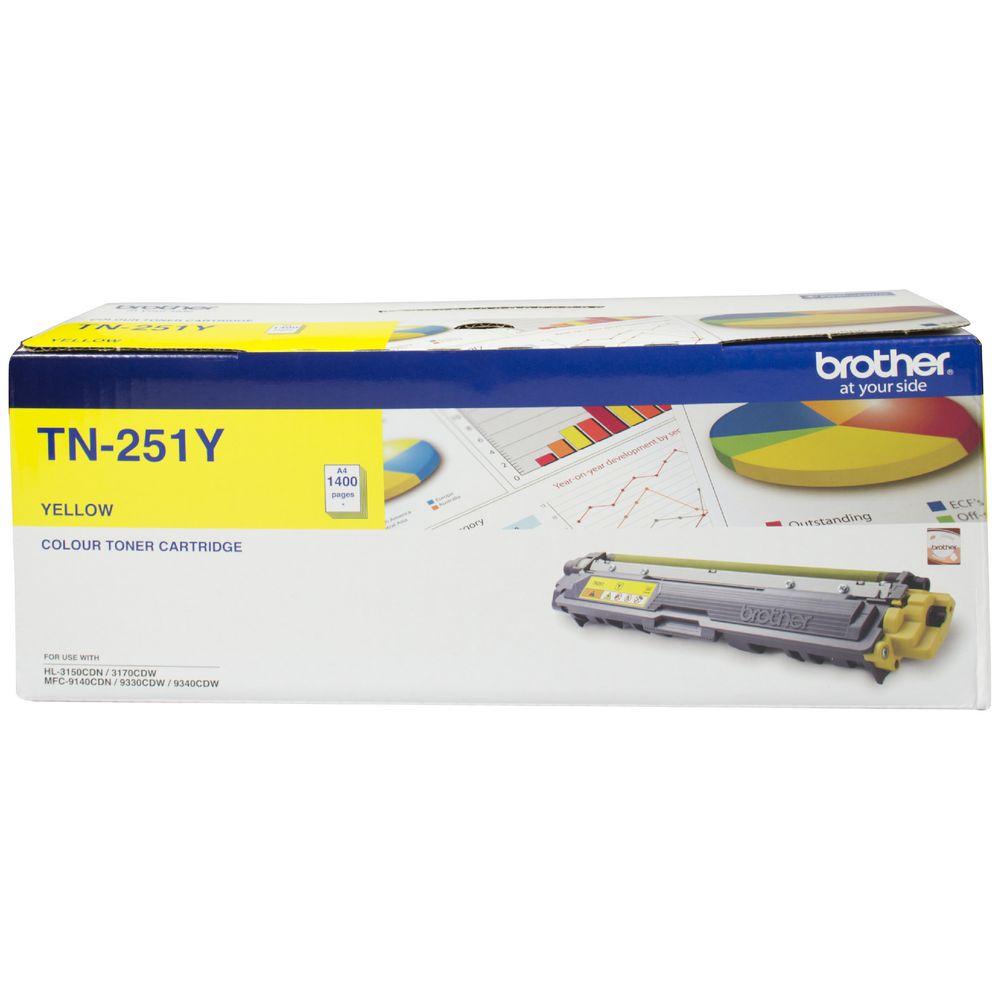 Brother TN-251Y Colour Laser Toner Cartridge in Yellow, showcasing its design and features.