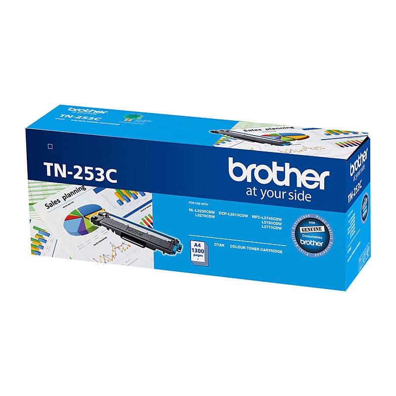 BROTHER TN253 Cyan Toner Cartridge with vibrant cyan color, designed for Brother printers, yielding 1,300 pages.