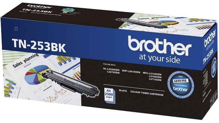 Brother TN-253BK Black Toner Cartridge, designed for high-quality printing with a yield of 2,500 pages, compatible with various Brother printers.