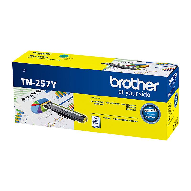 BROTHER TN257 Yellow Toner Cartridge with vibrant yellow color, designed for high-quality printing.