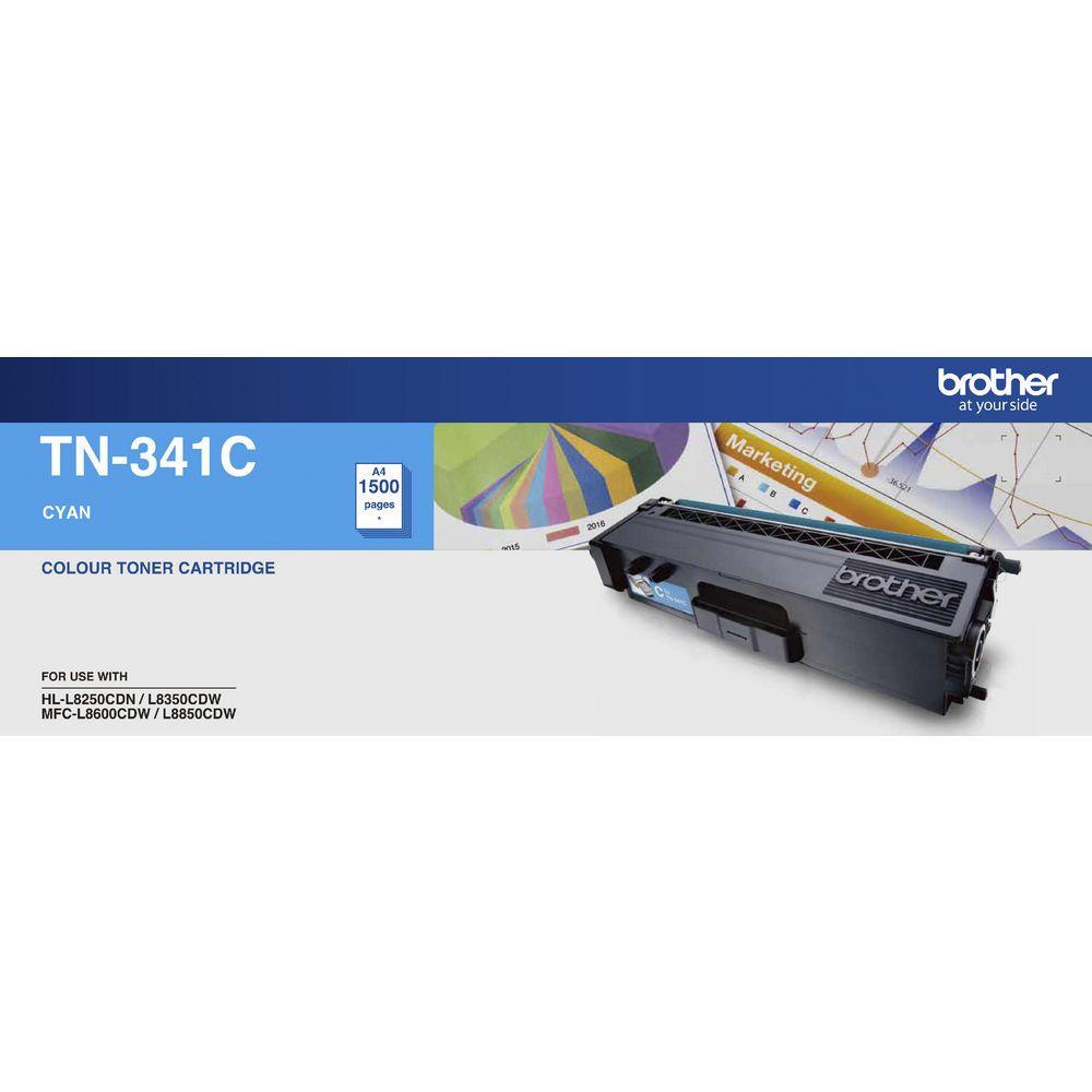 Brother TN-341C Colour Laser Toner cartridge in cyan, designed for high-quality printing with Brother printers.