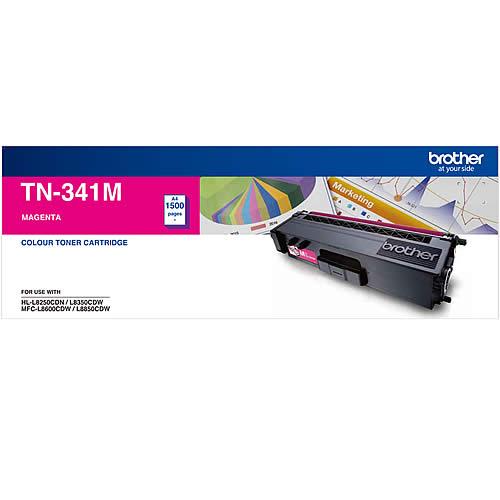 Brother TN-341M Colour Laser Toner cartridge in magenta, designed for high-quality printing.