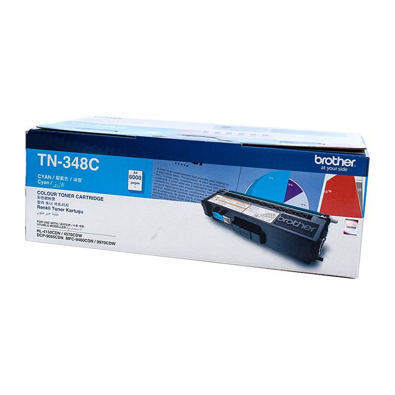 BROTHER TN348 Cyan Toner Cartridge with packaging, designed for high-quality printing.