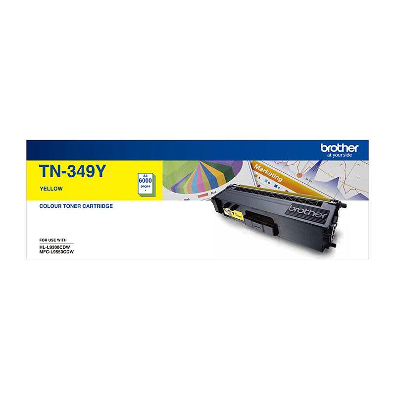 BROTHER TN349 Yellow Toner Cartridge with packaging, designed for high-quality printing.