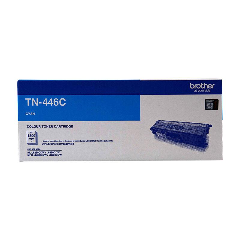 BROTHER TN446 Cyan Toner Cartridge showcasing its vibrant cyan color and packaging, designed for Brother printers.