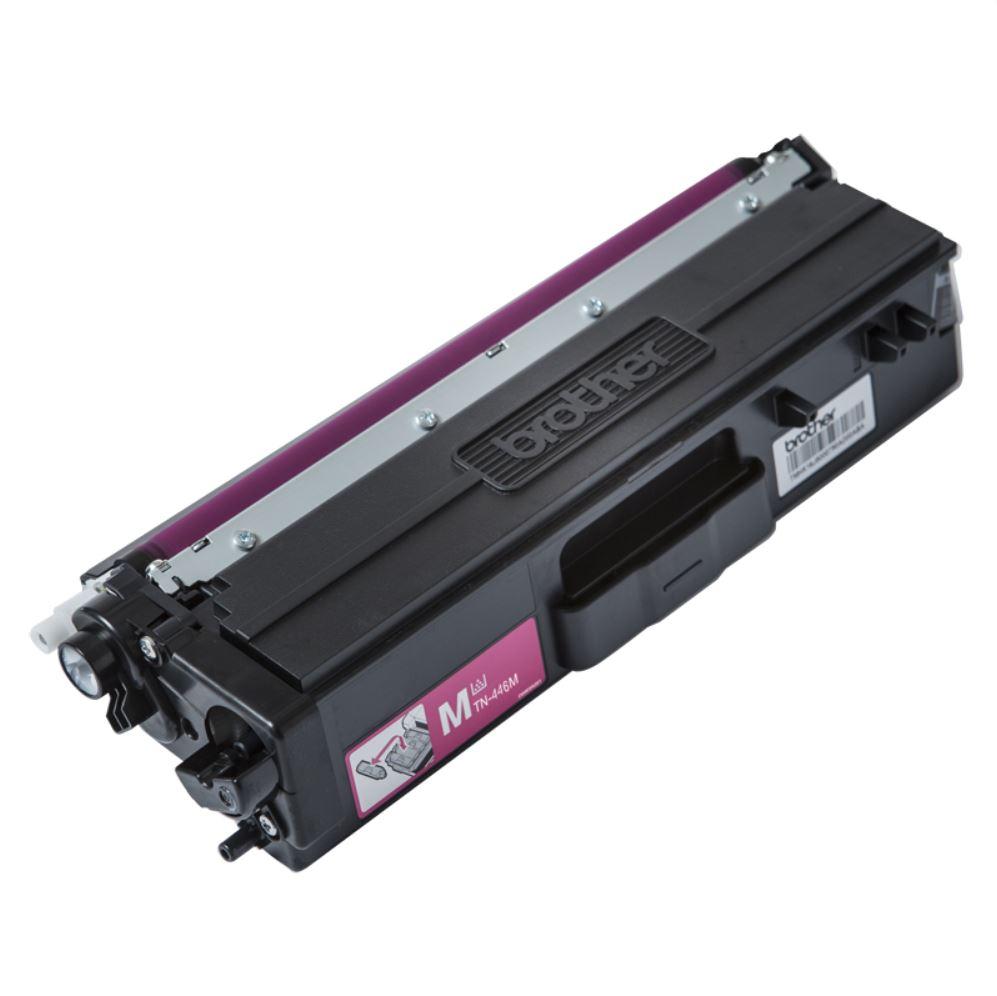 Brother TN-446M Colour Laser Toner Cartridge in magenta, designed for high yield printing with a capacity of 6,500 pages.
