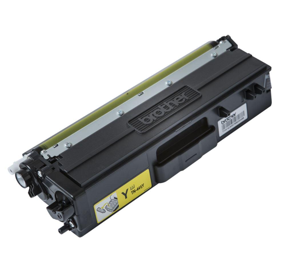Brother TN-446Y Colour Laser Toner Cartridge in yellow, designed for high yield printing with a page yield of 6,500 pages.