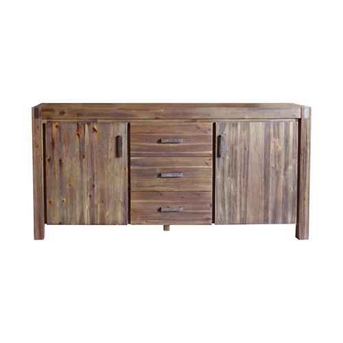 Chocolate Buffet Sideboard made of solid Acacia wood with metal accents, featuring three drawers and two storage tiers.