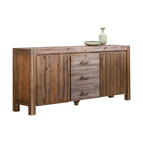 Chocolate Buffet Sideboard made of solid Acacia wood with metal accents, featuring three drawers and two storage tiers.