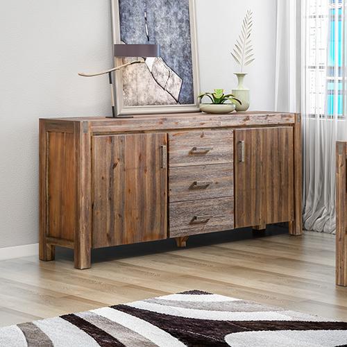 Chocolate Buffet Sideboard made of solid Acacia wood with metal accents, featuring three drawers and two storage tiers.
