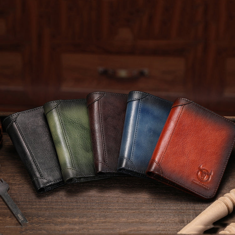 Bull Captain Men Wallet made of first-layer cowhide with RFID protection, featuring multiple card slots and a coin clip.