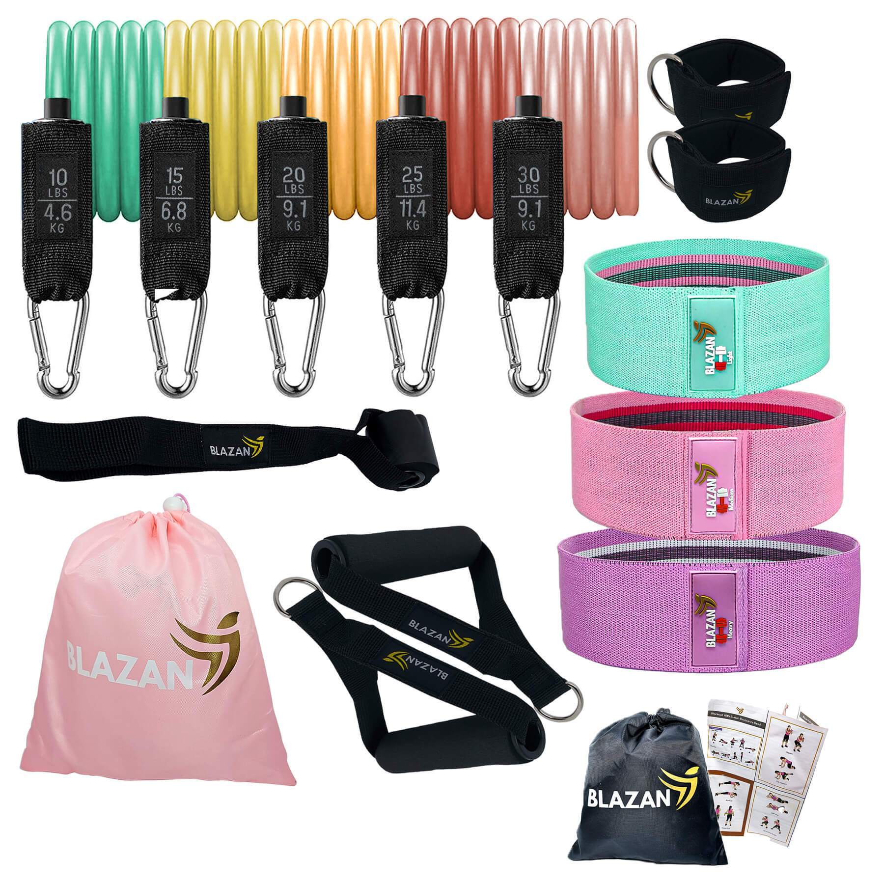 15 Pcs Resistance Tube Booty Bands Set in Apple Green, Pink, and Purple, featuring various resistance levels and accessories for home workouts.