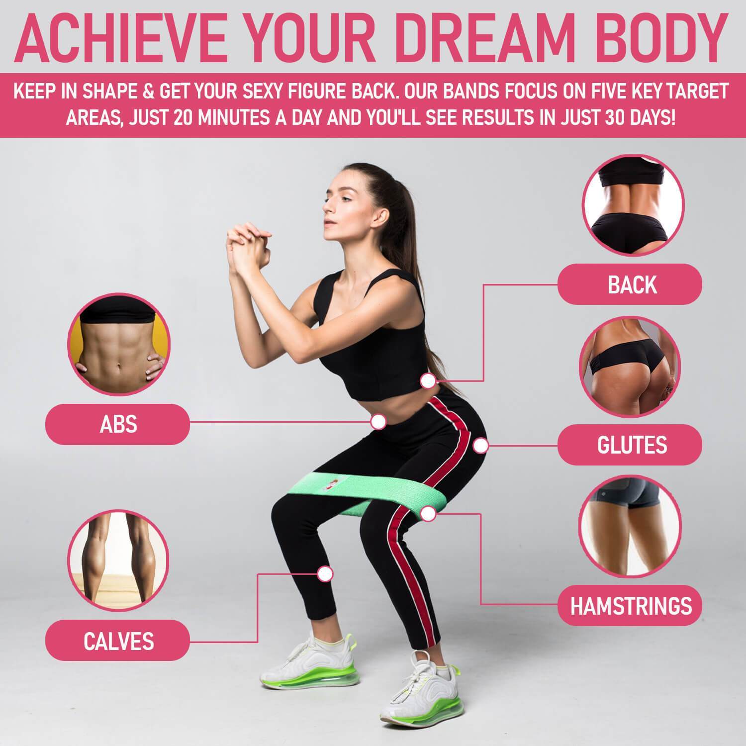 15 Pcs Resistance Tube Booty Bands Set in Apple Green, Pink, and Purple, featuring various resistance levels and accessories for home workouts.