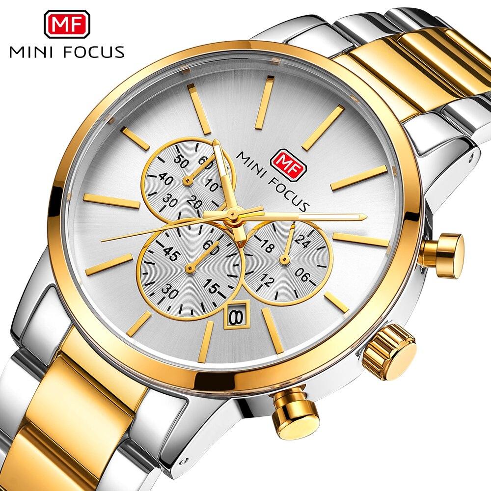 Business Top Royal Brand Quartz Man Watch with gold metal band and chronograph features, showcasing a luxurious design.