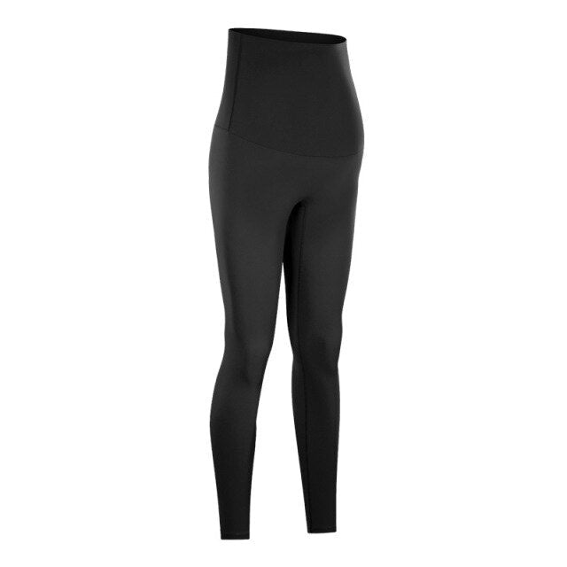A pair of buttery-soft high rise yoga pants designed for pregnant women, showcasing their stretchy fabric and elastic waist.