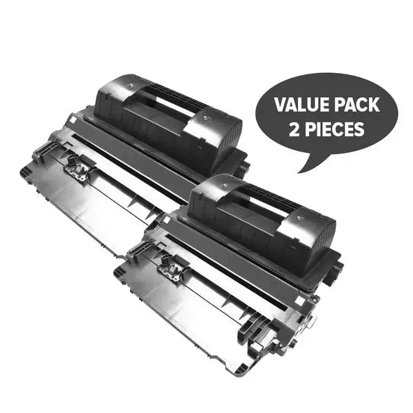 Two CC364X #64X Premium Generic Toner cartridges for HP printers, showcasing their sleek design and packaging.