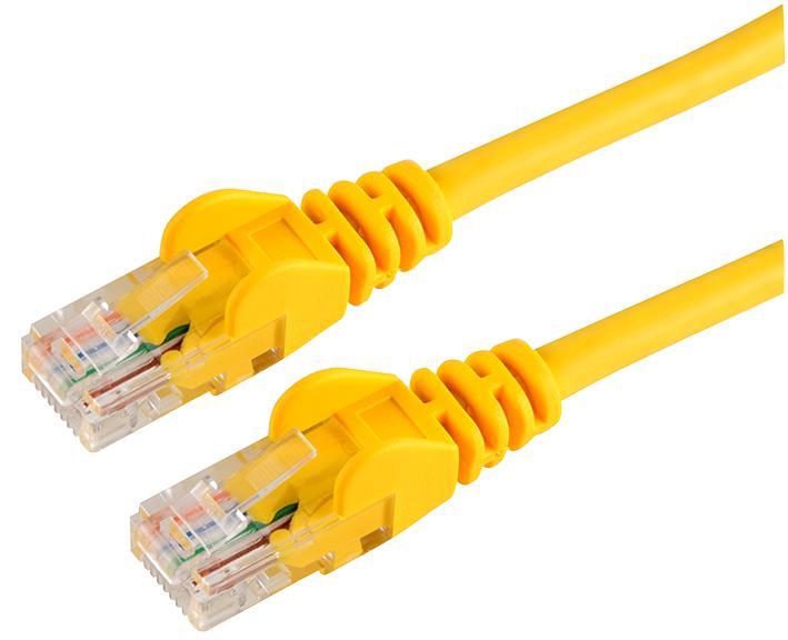 CABAC 10m CAT5 RJ45 Ethernet Network Patch Lead in yellow, showcasing its snagless design and moulded strain relief boots.