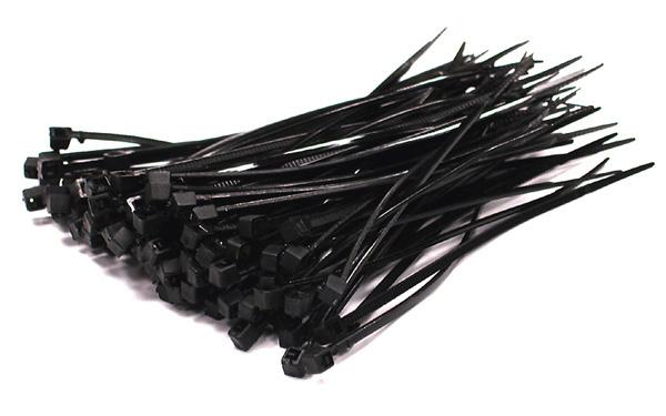 A bag of 1000 black nylon cable ties measuring 380mm in length and 7.6mm in width, ideal for organizing and securing cables.