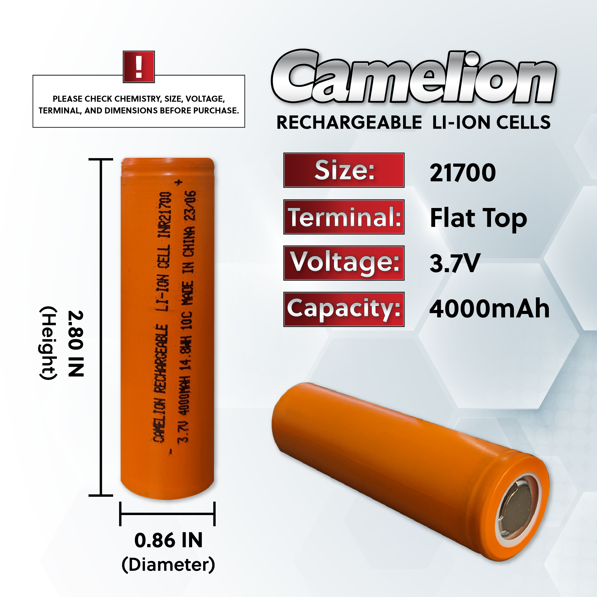 Camelion 21700 4000mAh Li-Ion Protected Cell battery, showcasing its flat top design and specifications.
