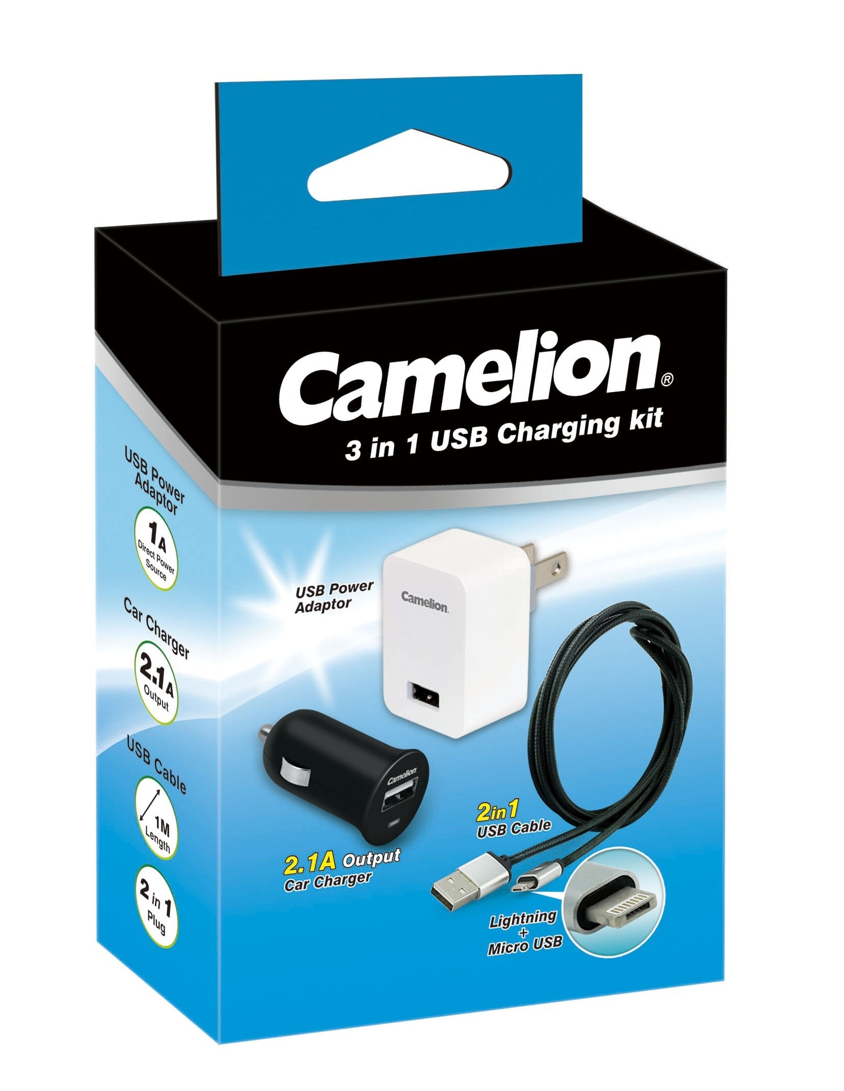 Camelion 3-in-1 USB Charging Kit featuring Micro USB and Lightning connectors in a compact design.