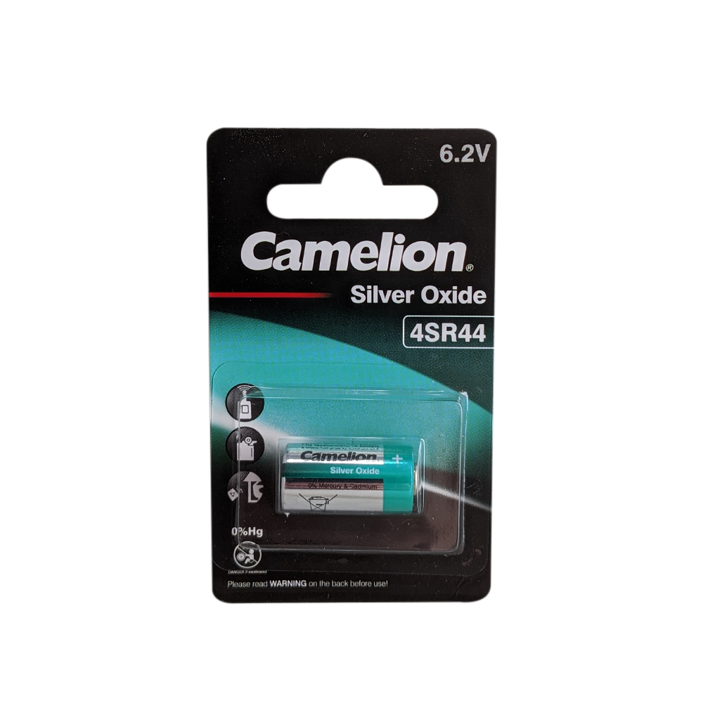 Camelion 4SR44 Silver Oxide battery with clear labeling and specifications, showcasing its compact design and silver oxide technology.