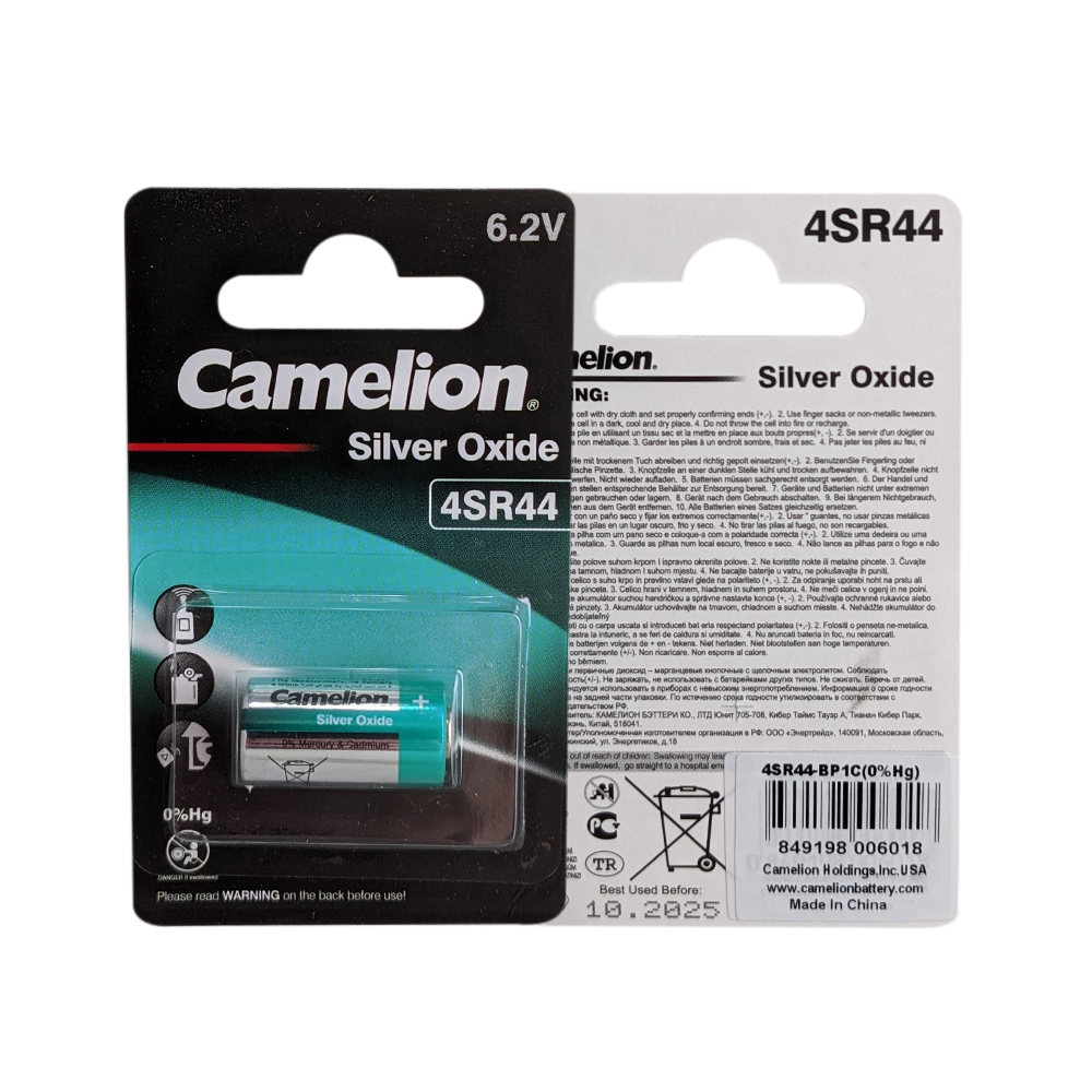Camelion 4SR44 Silver Oxide battery with clear labeling and specifications, showcasing its compact design and silver oxide technology.