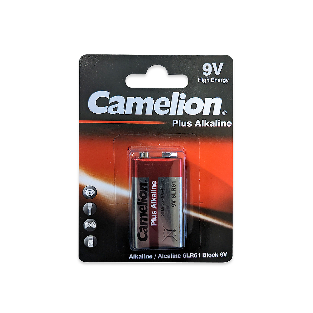 Camelion 9 Volt Plus Alkaline battery blister pack, featuring one high-quality alkaline battery designed for high-drain devices.