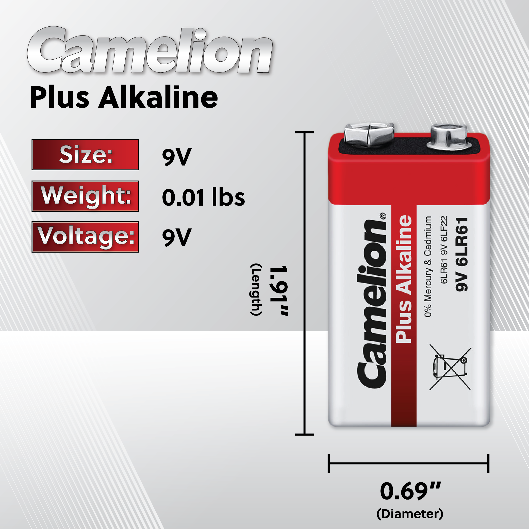 Camelion 9 Volt Plus Alkaline battery blister pack, featuring one high-quality alkaline battery designed for high-drain devices.
