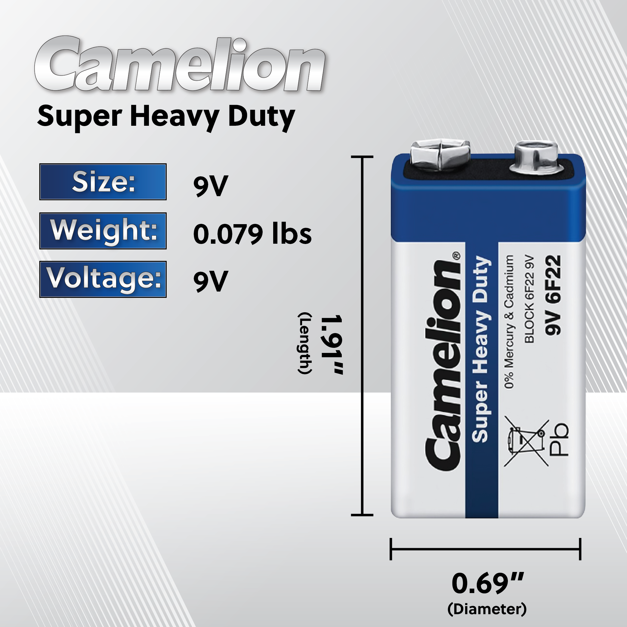 Camelion 9V Super Heavy Duty battery pack, showcasing its zinc carbon design and packaging.