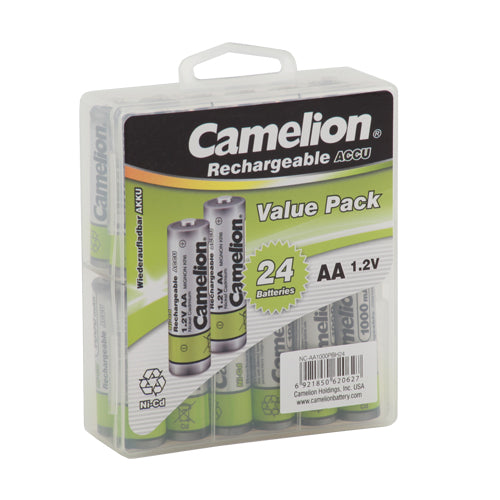 Camelion AA Ni-Cd rechargeable batteries in a hard plastic case, showcasing their durable design and 1000mAh capacity.