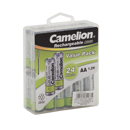 Camelion AA Ni-Cd rechargeable batteries in a hard plastic case, showcasing their 800mAh capacity and durable design.