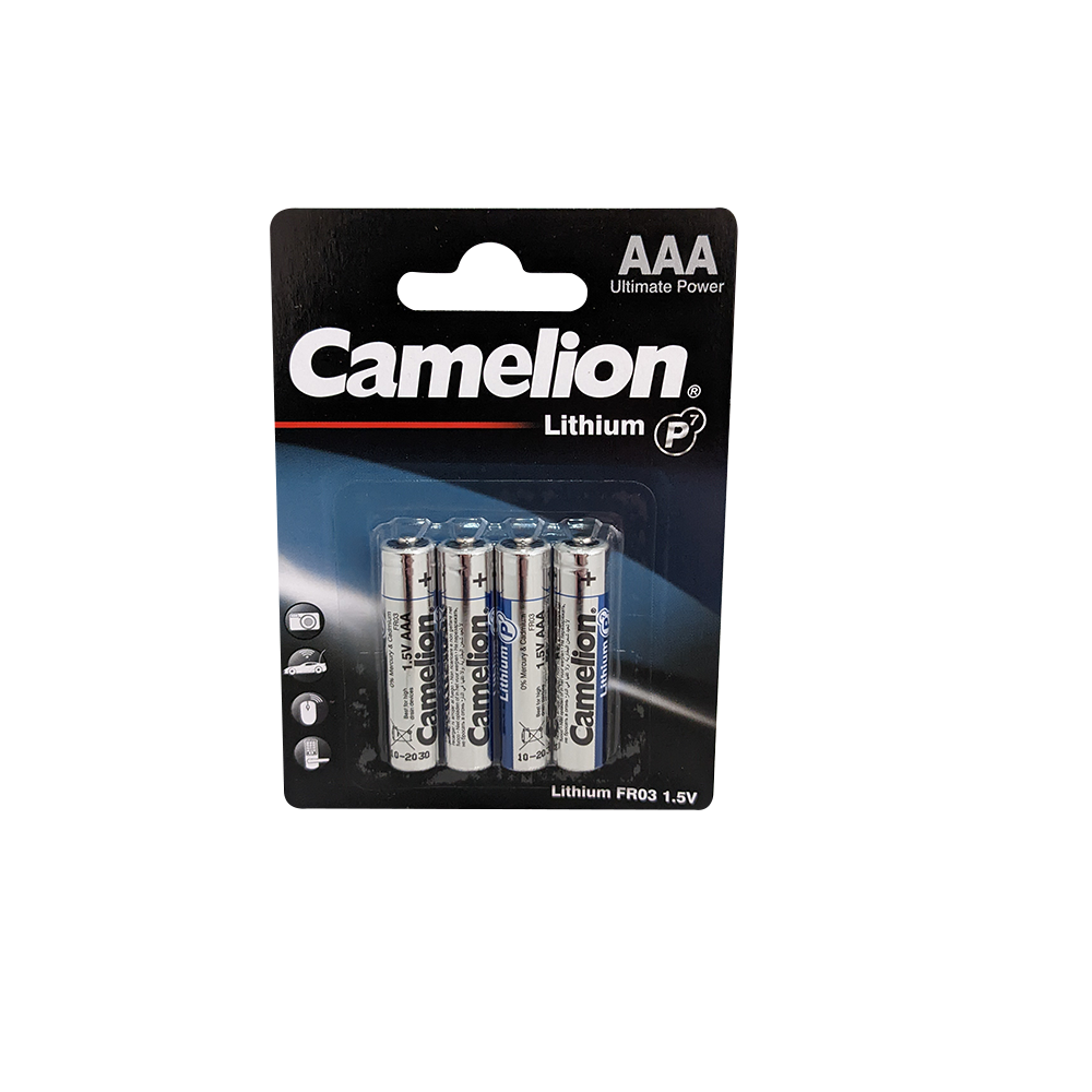 Camelion AAA P7 Lithium Primary 4-pack batteries, ideal for high-drain devices like cameras and security systems.