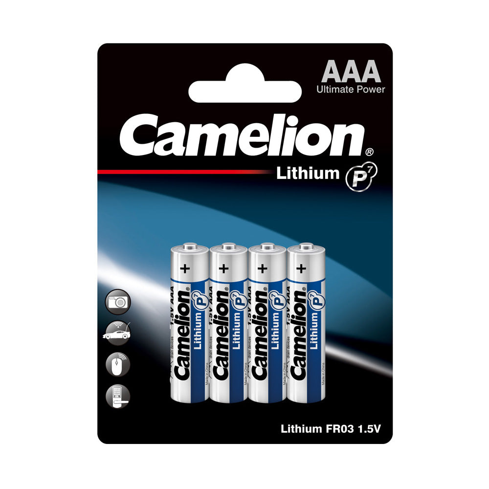 Camelion AAA P7 Lithium Primary 4-pack batteries, ideal for high-drain devices like cameras and security systems.