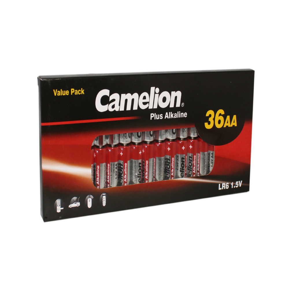 Camelion AA Plus Alkaline 36 Pack batteries in a retail package, showcasing the brand and product details.