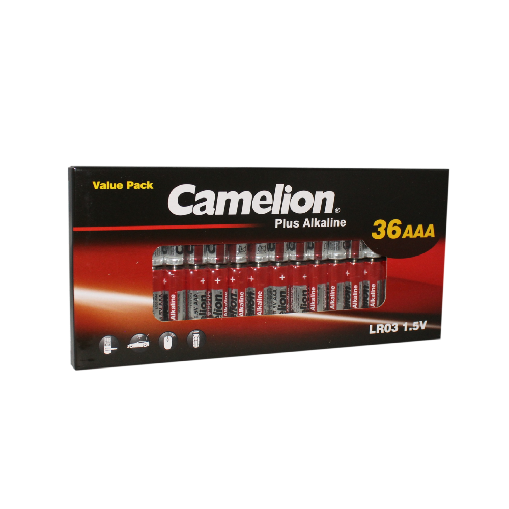 Camelion AAA Plus Alkaline 36 Pack, featuring durable and reliable batteries for various electronic devices.