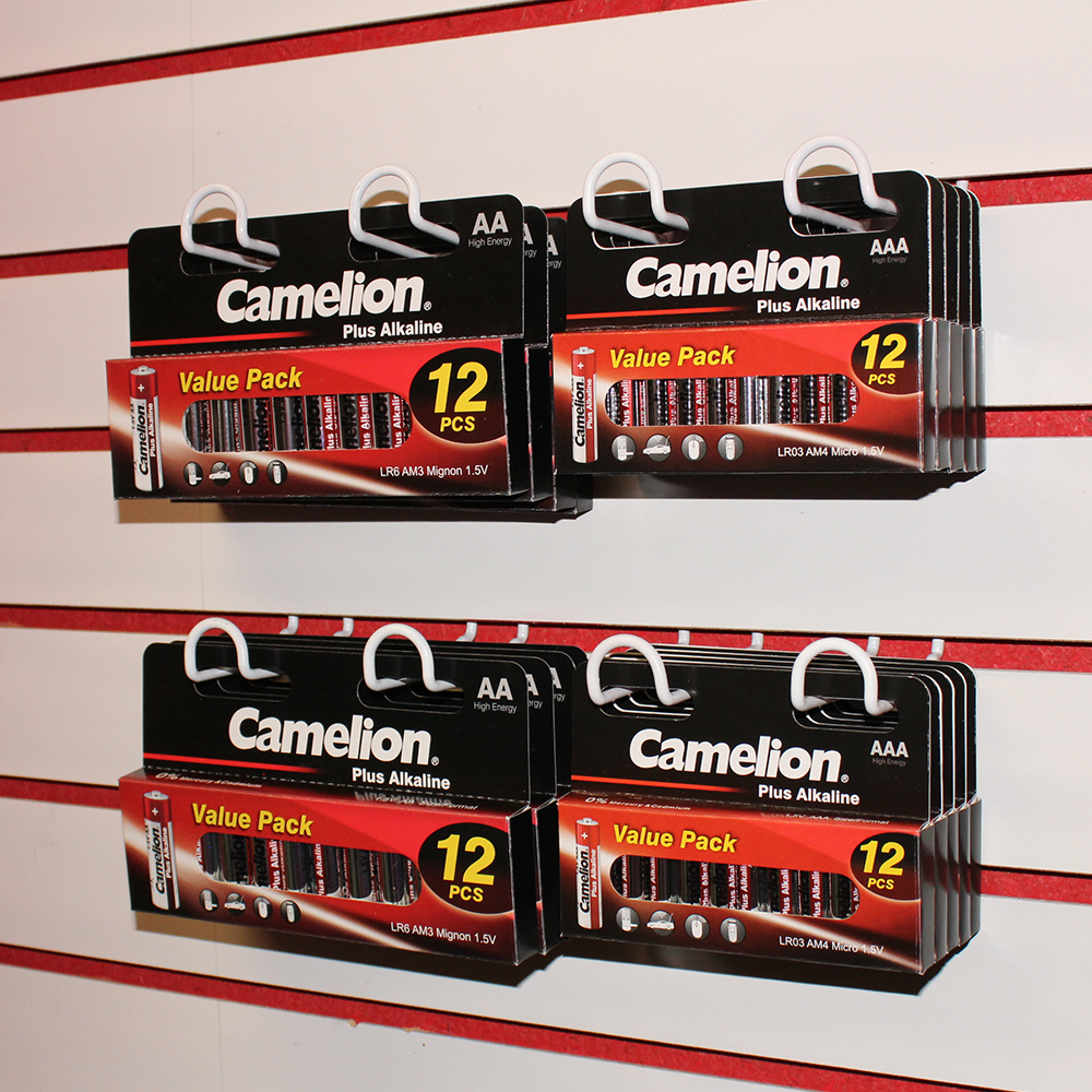 Camelion AA Plus Alkaline Hangable 12 Pack displayed in a compact box, showcasing the batteries designed for reliable power.