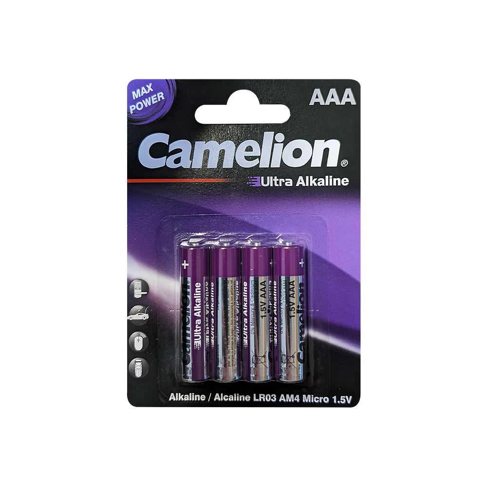 Camelion AAA Ultra Alkaline batteries in a blister pack of 4, showcasing their compact size and reliable power for high drain devices.
