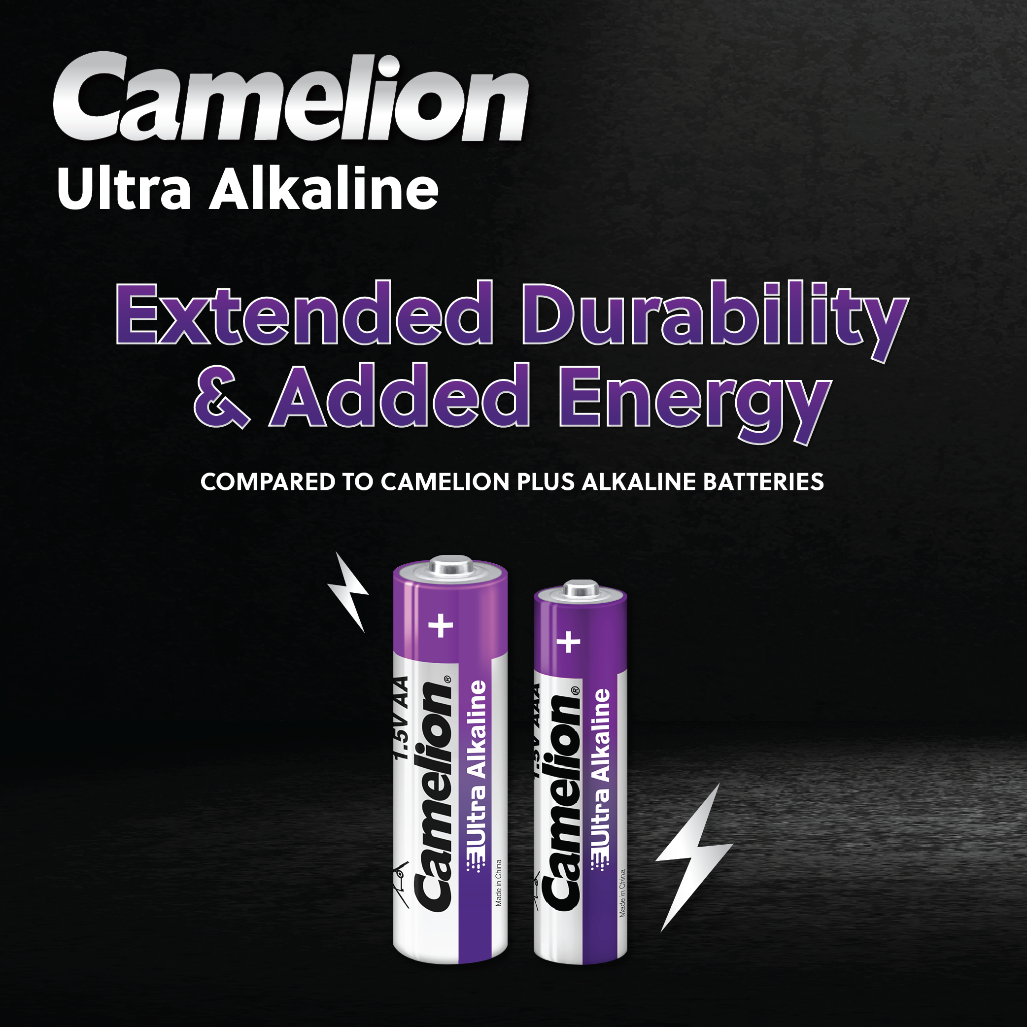 Camelion AAA Ultra Alkaline batteries in a blister pack of 4, showcasing their compact size and reliable power for high drain devices.