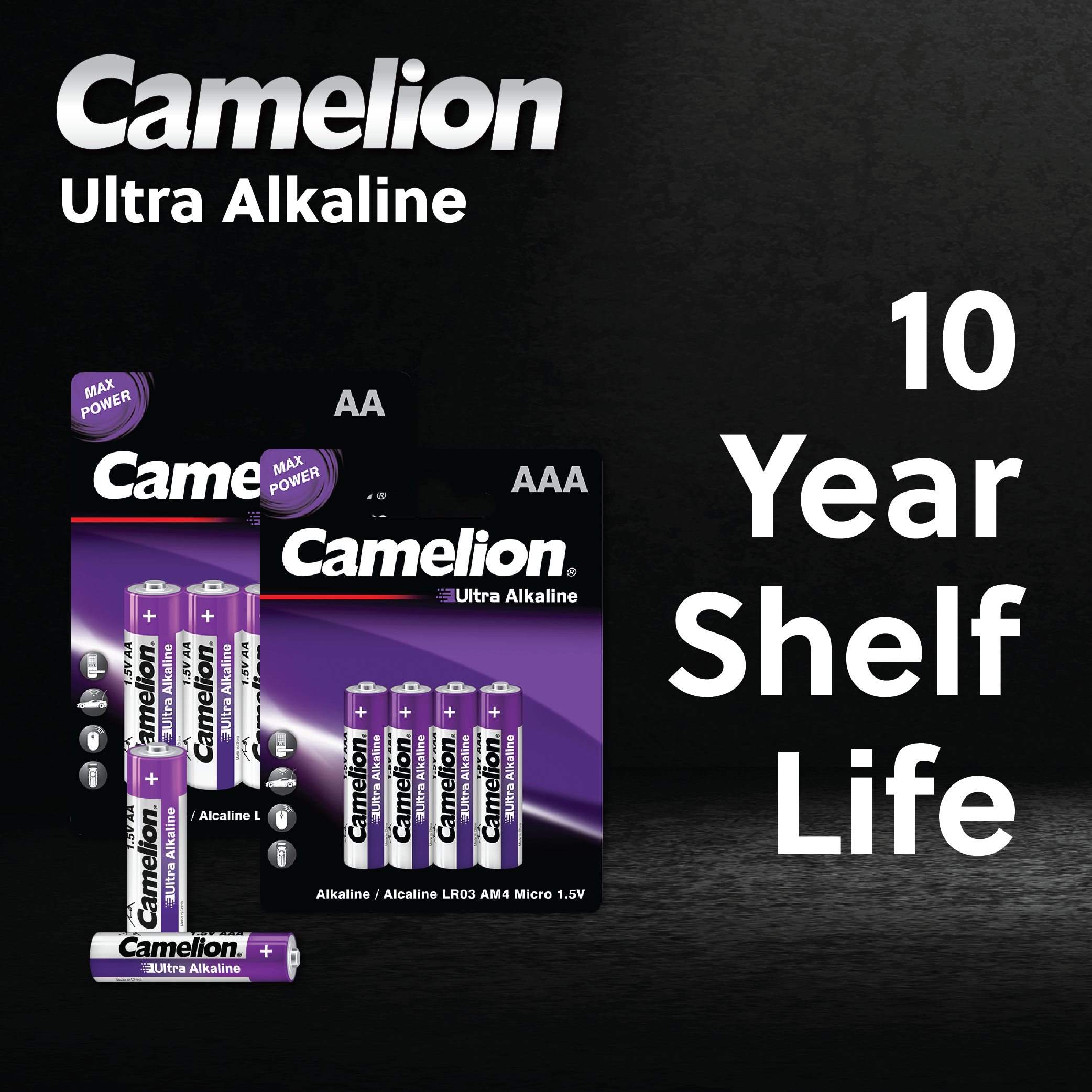 Camelion AAA Ultra Alkaline batteries in a blister pack of 4, showcasing their compact size and reliable power for high drain devices.