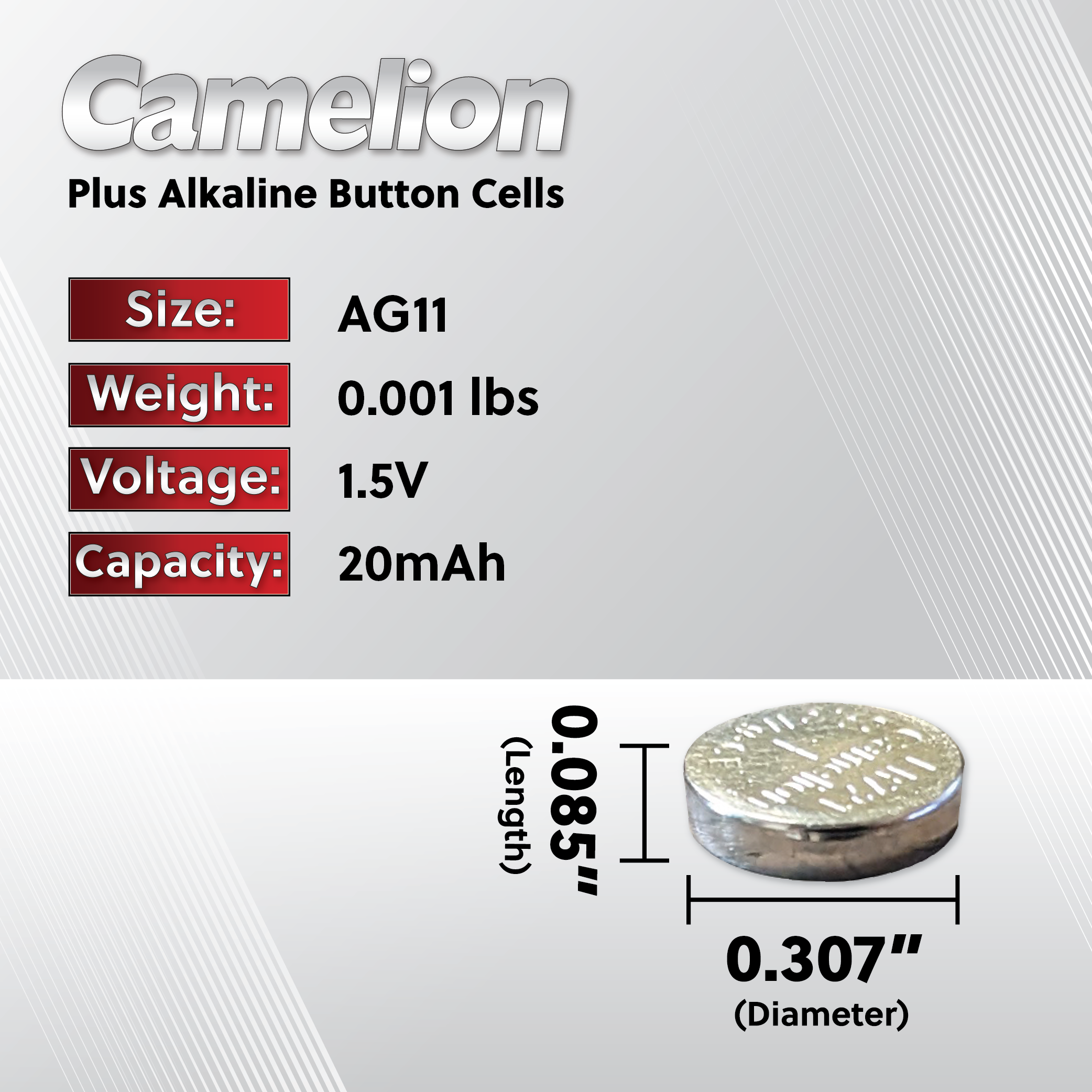 Camelion AG11 1.5V alkaline button cell battery in packaging, suitable for various electronic devices.